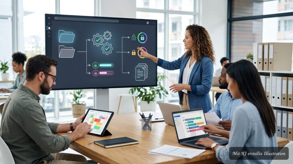 Team arbeitet gemeinsam an der digitalen Archivierung und Verwaltung von Dokumenten