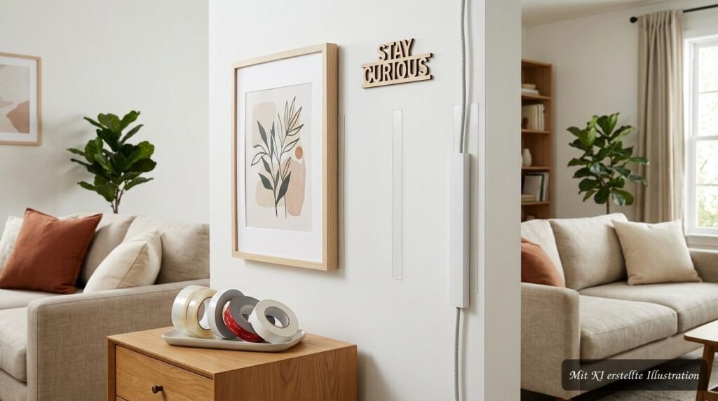 Doppelseitiges Klebeband befestigt einen Bilderrahmen sicher an der Wand ohne Bohren
