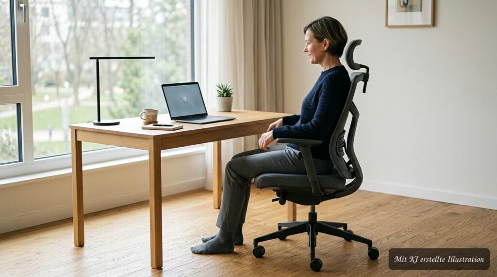 Minimalistischer Arbeitsplatz mit ergonomischem Stuhl, schlichtem Schreibtisch und wenigen ausgewählten Accessoires