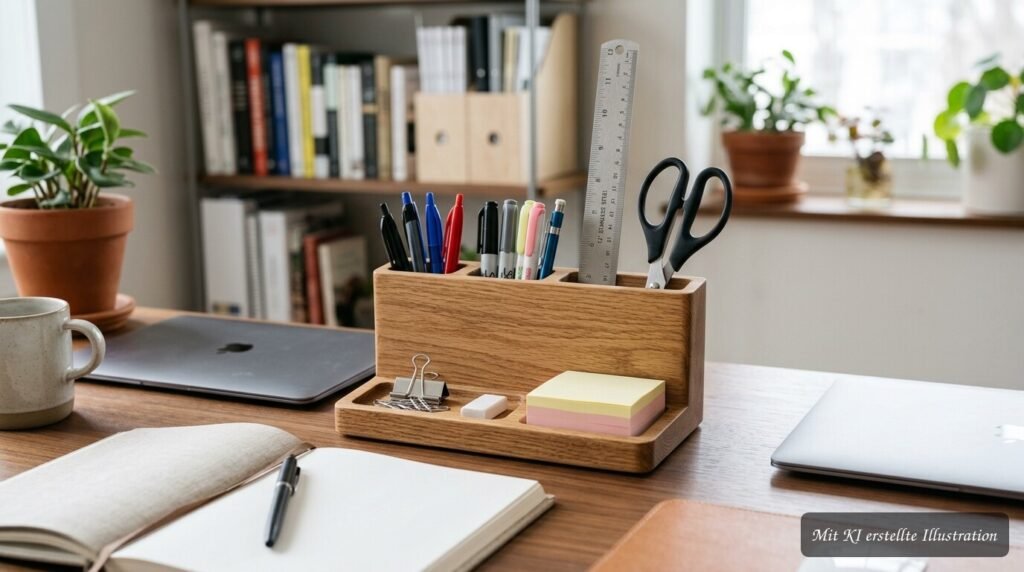 Schreibtisch-Organizer mit Fächern für Stifte, Notizen und Bürobedarf auf einem aufgeräumten Arbeitsplatz