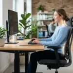Ergonomischer Arbeitsplatz mit Monitor, Bürostuhl, Tastatur und Checkliste zur Gesundheitsvorsorge