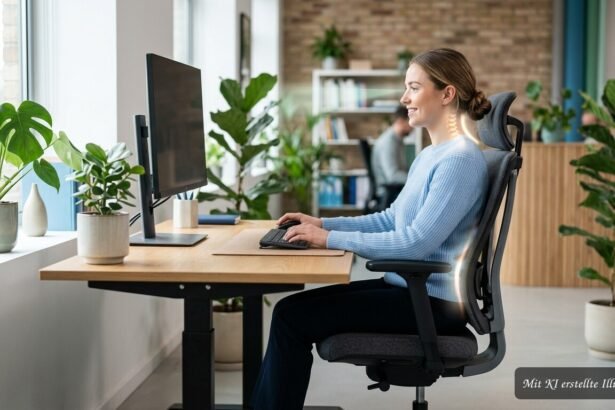 Ergonomischer Arbeitsplatz mit Monitor, Bürostuhl, Tastatur und Checkliste zur Gesundheitsvorsorge