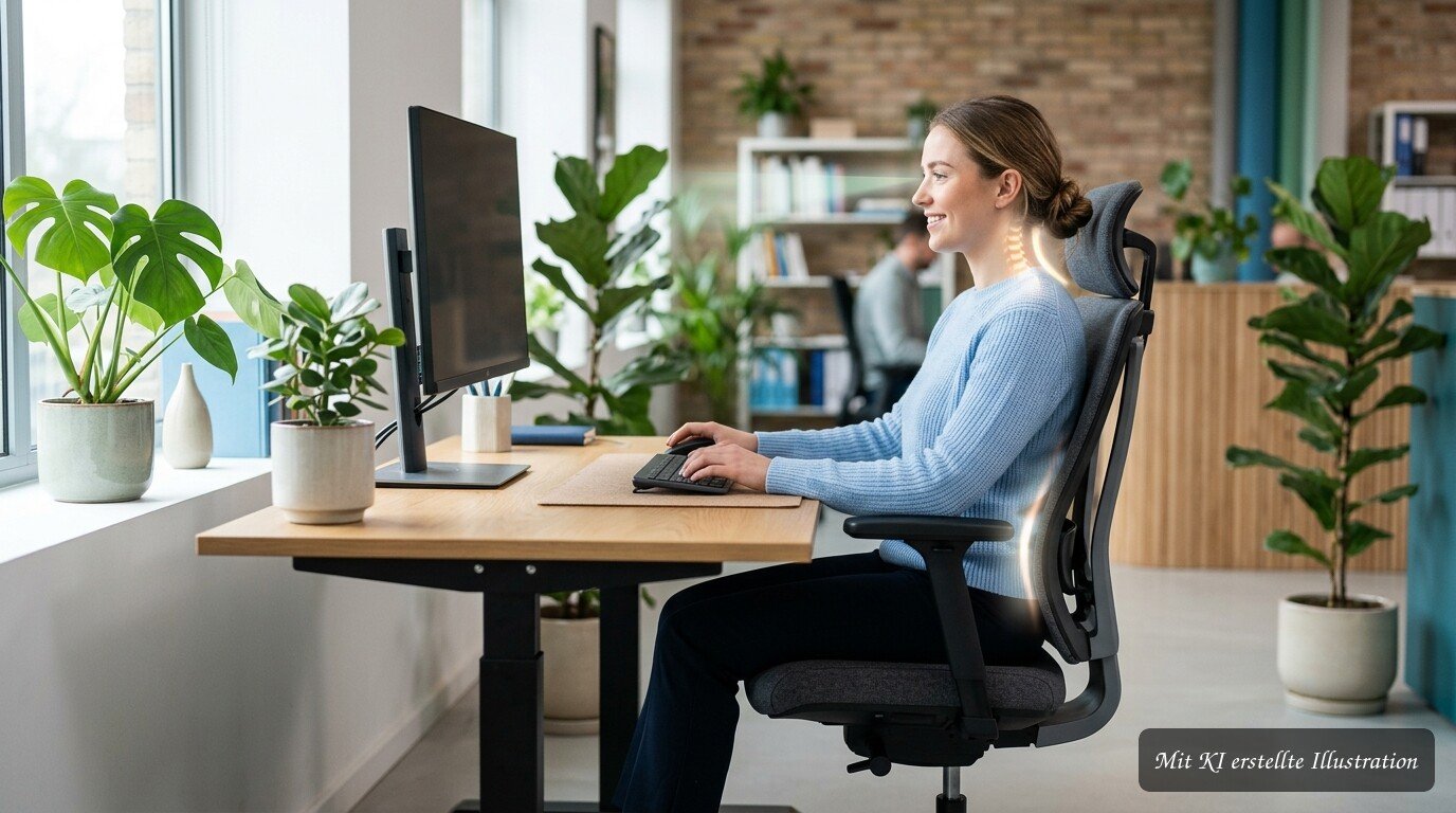 Ergonomischer Arbeitsplatz mit Monitor, Bürostuhl, Tastatur und Checkliste zur Gesundheitsvorsorge