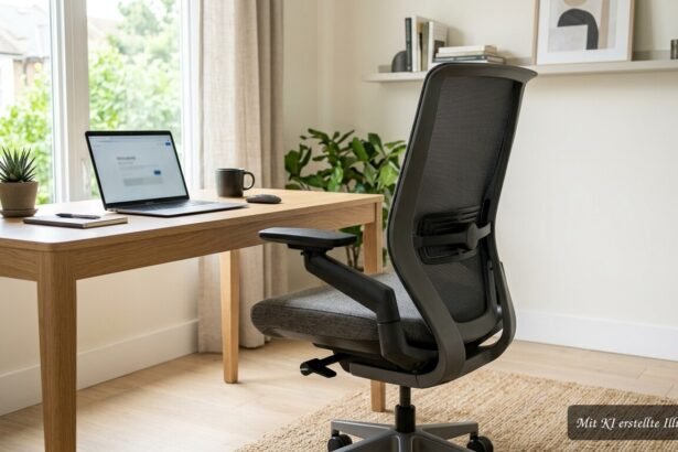 Ergonomischer Bürostuhl mit verstellbarer Rückenlehne und Armlehnen am modernen Arbeitsplatz