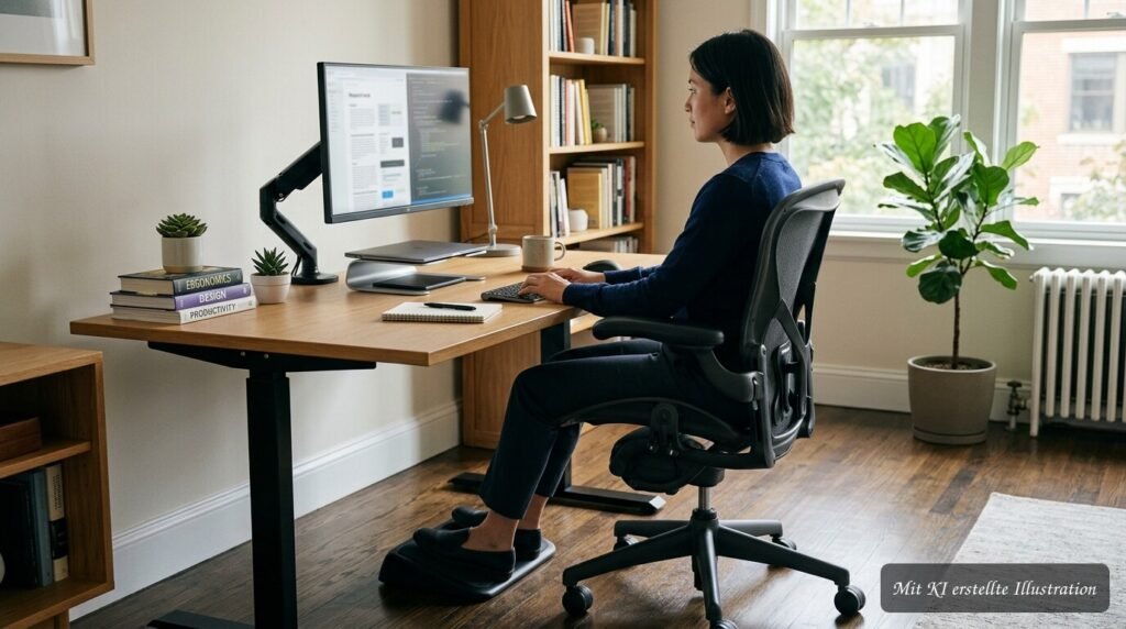 Ergonomischer Bürostuhl an einem ordentlich eingerichteten Lern- und Arbeitsplatz