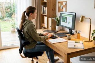 Ergonomischer Lernplatz mit Schreibtisch, Stuhl, Lampe und übersichtlicher Lernumgebung
