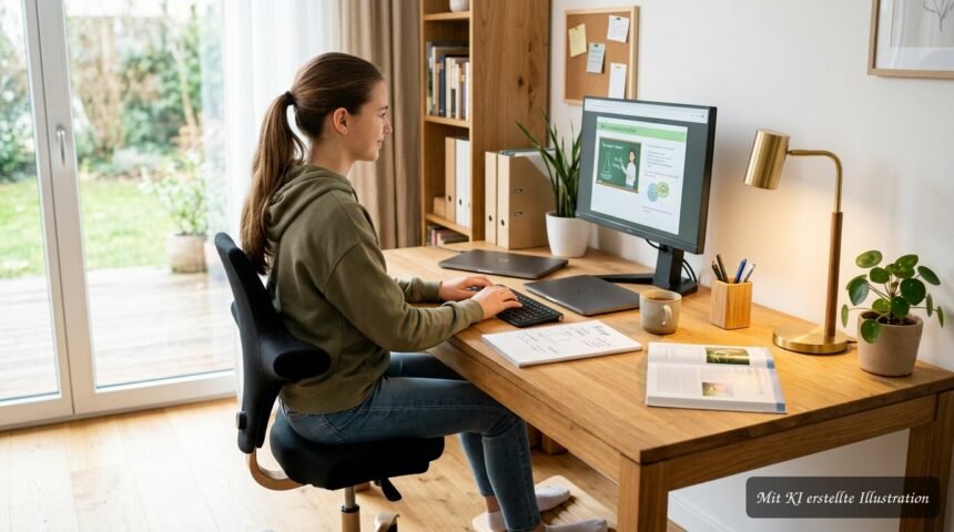 Ergonomischer Lernplatz mit Schreibtisch, Stuhl, Lampe und übersichtlicher Lernumgebung