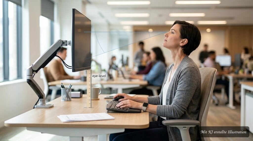 Ergonomische Bildschirmhöhe am Arbeitsplatz zur Vermeidung von Nackenbeschwerden beim Sitzen am Computer