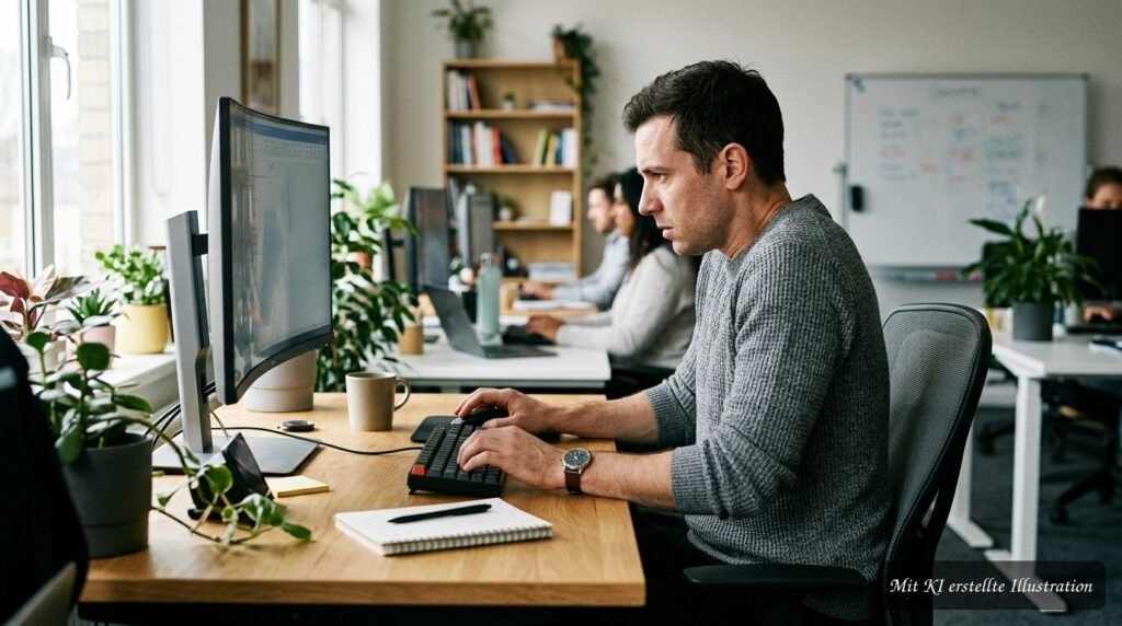 Angespannter Rücken und hochgezogene Schultern beim Sitzen am Computer