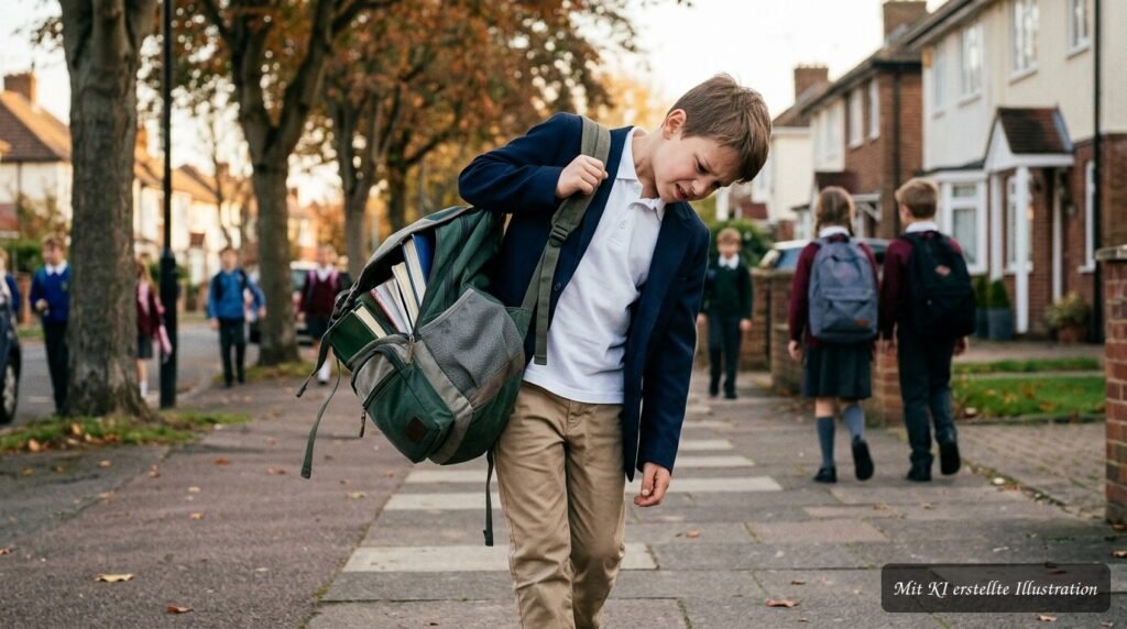 Kind trägt die Schultasche einseitig über der Schulter und belastet dadurch vermutlich den Rücken.