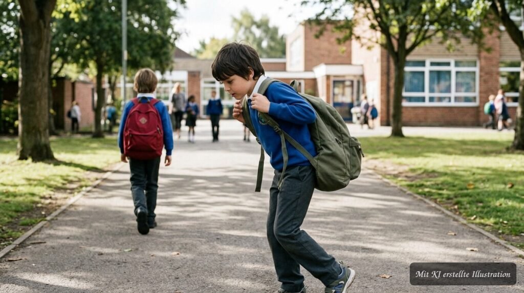 Kind trägt eine Schultasche mit deutlich zu locker sitzenden beiden Schultergurten.