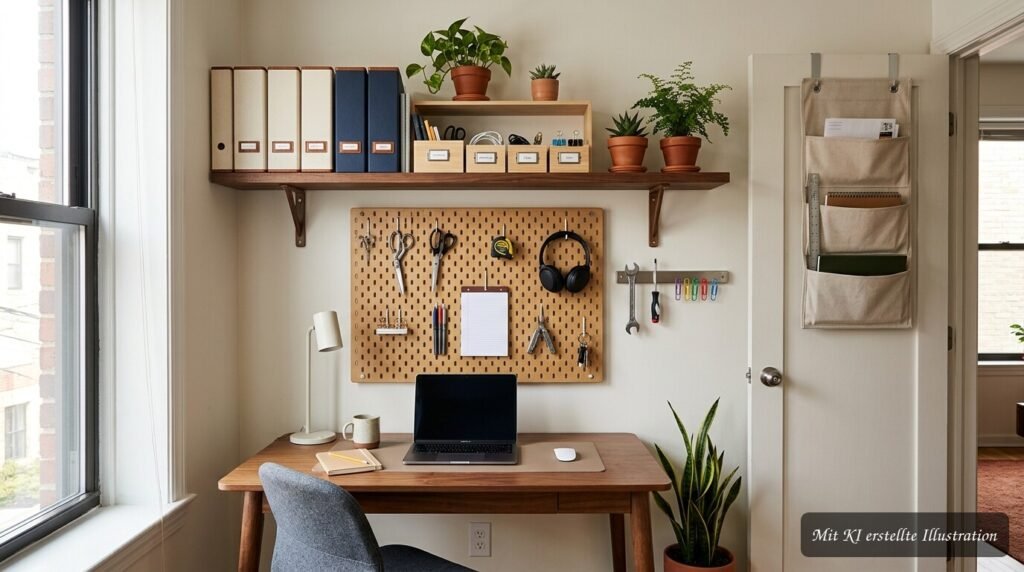 Büro mit platzsparenden Wandregalen und clever genutztem Stauraum für mehr Ordnung