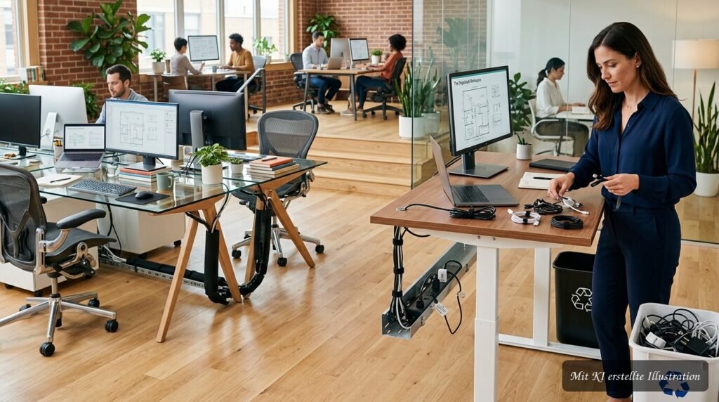 Aufgeräumter Schreibtisch mit ordentlich gebündelten Kabeln und praktischer Kabelführung im Büro