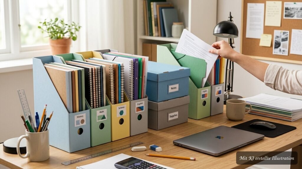 Hefte und Schulmaterialien nach Fächern sortiert in beschrifteten Ablagefächern auf einem ordentlichen Schreibtisch