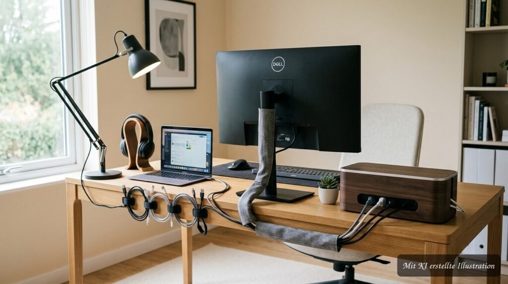 Kabelmanagement-Organizer hält Ladekabel ordentlich am modernen Schreibtisch zusammen