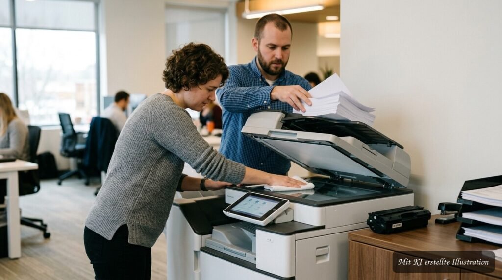 Büroangestellte nutzen einen Kopierer korrekt und vermeiden typische Tonerfehler.