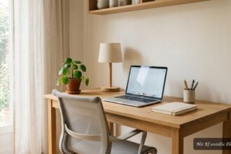 Minimalistischer Arbeitsplatz mit Schreibtisch, Laptop, Lampe und wenigen ausgewählten Accessoires