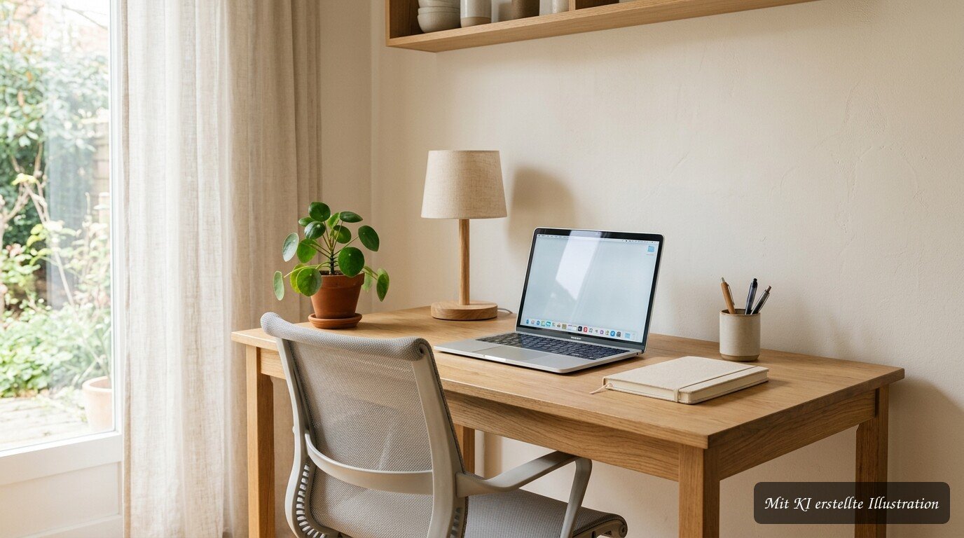 Minimalistischer Arbeitsplatz mit Schreibtisch, Laptop, Lampe und wenigen ausgewählten Accessoires
