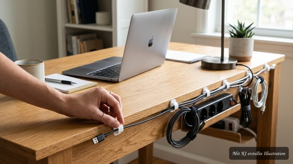 Aufgeräumter Schreibtisch mit Kabelclips, die Ladekabel ordentlich bündeln und vom Arbeitsplatz fernhalten