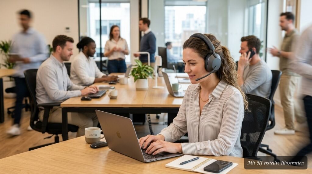 Noise-Cancelling-Kopfhörer auf einem gemeinsam genutzten Schreibtisch für konzentriertes Arbeiten