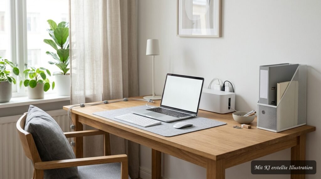 Minimalistischer Arbeitsplatz mit geordneten Kabeln, wenigen Unterlagen und klarer Struktur