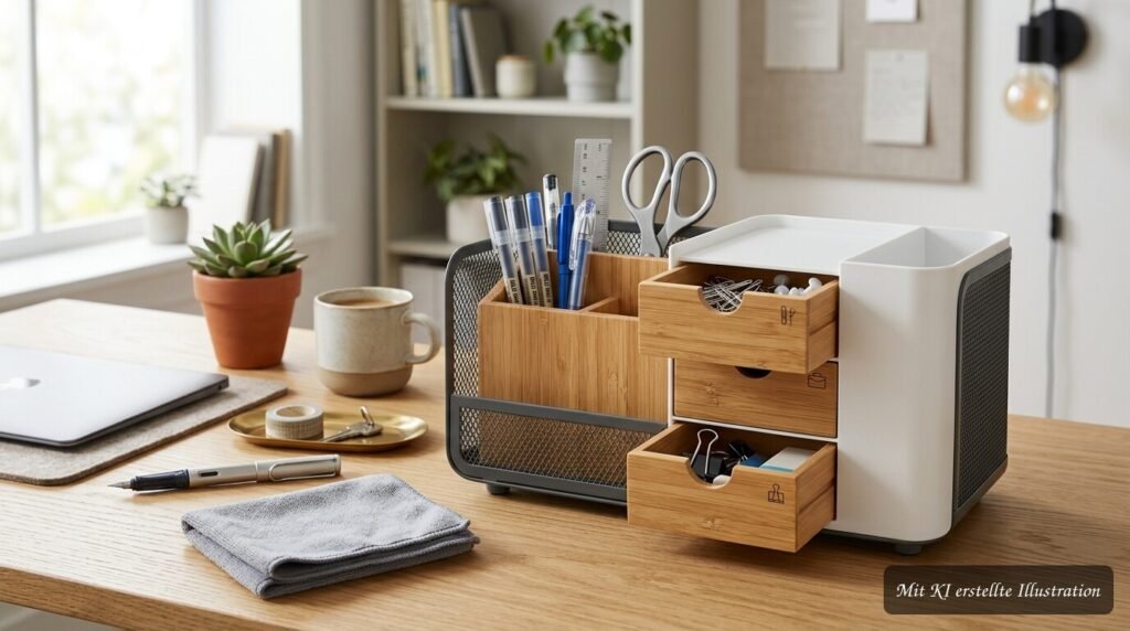 Schreibtisch-Organizer mit Fächern für Stifte, Notizen und Bürozubehör im ordentlichen Homeoffice