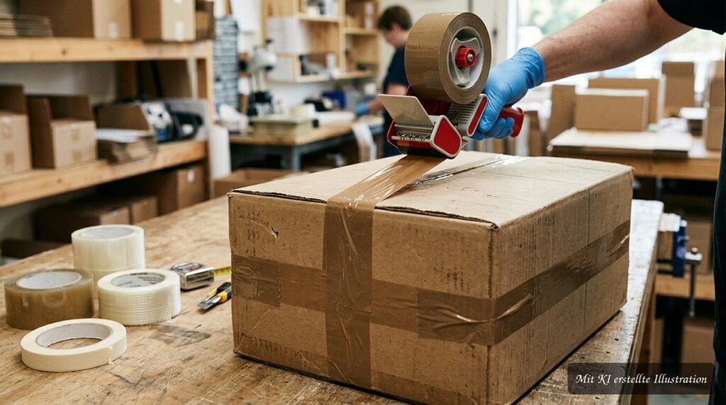 Paketband verschließt einen Versandkarton sicher und verstärkt die Verpackung für den Transport.