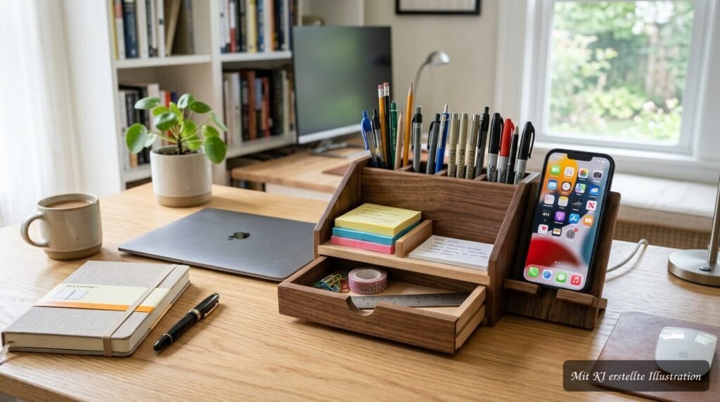 Vielseitiger Schreibtisch-Organizer mit Fächern für Stifte, Notizen und Bürozubehör im Homeoffice