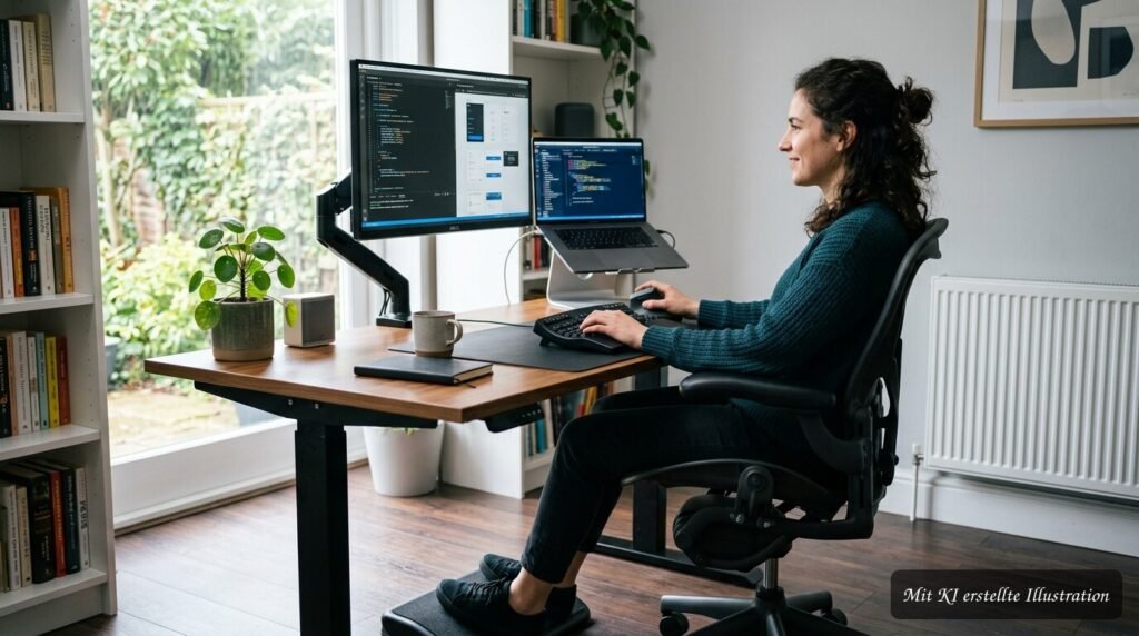 Ergonomischer Arbeitsplatz mit aufrechter Sitzhaltung, entspannten Schultern und rückenschonender Position vor dem Bildschirm