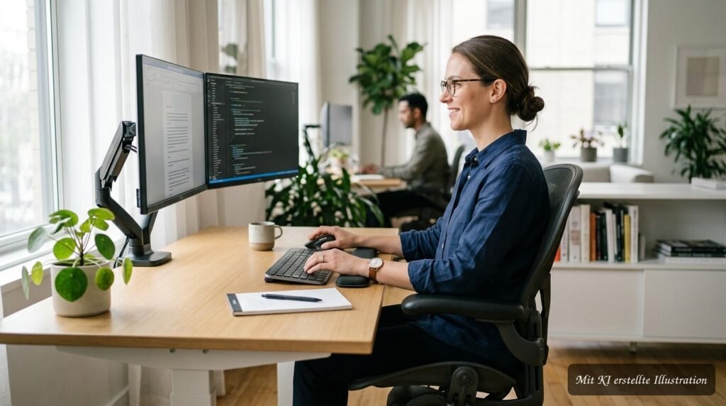 Tastatur und Maus liegen ergonomisch bequem erreichbar auf dem Schreibtisch