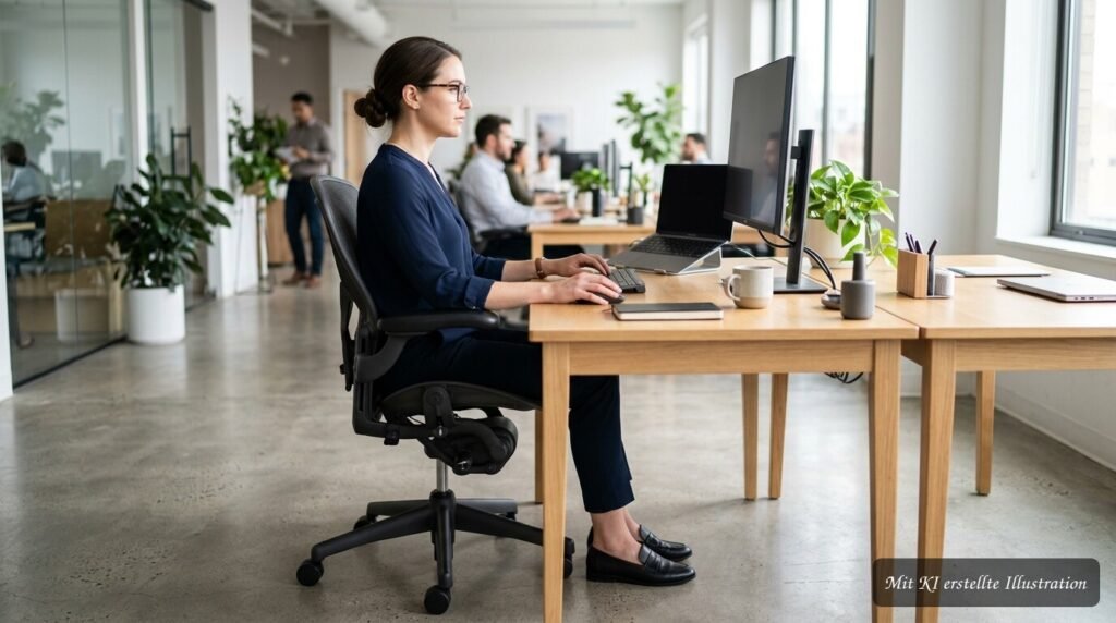 Büroangestellte Person prüft die Einstellung ihres Bürostuhls anhand einer kurzen ergonomischen Checkliste.