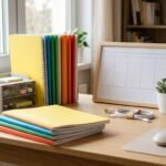 Aufgeräumter Schreibtisch mit Boxen, Stiftehaltern, Heften und ordentlich verstauten Ladekabeln