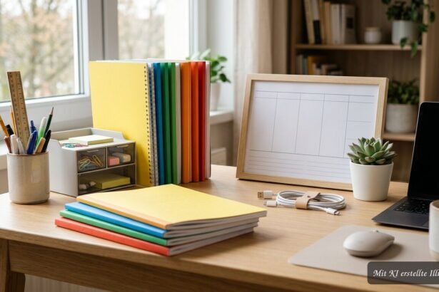 Aufgeräumter Schreibtisch mit Boxen, Stiftehaltern, Heften und ordentlich verstauten Ladekabeln