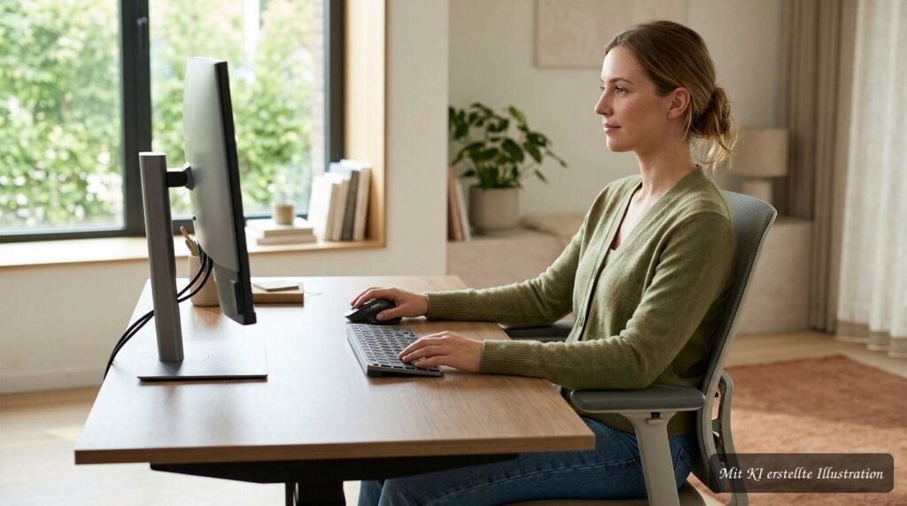 Ergonomisch ausgerichtete Tastatur und Maus auf einem Schreibtisch zur Entlastung von Schultern, Nacken und Unterarmen