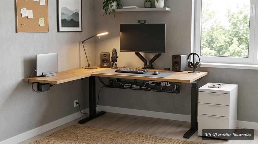 Schreibtisch mit Monitor, Tastatur und Zubehör – optimaler Platzbedarf für ergonomisches Arbeiten