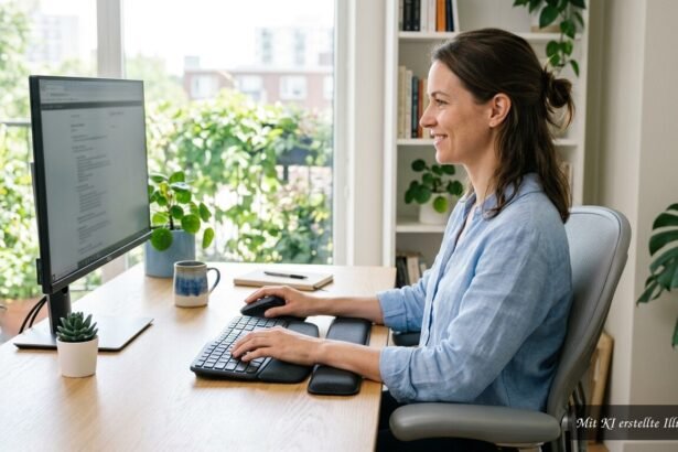 Ergonomisch positionierte Tastatur und Maus für entspanntes Arbeiten am Schreibtisch