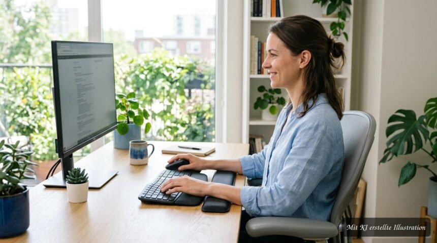 Ergonomisch positionierte Tastatur und Maus für entspanntes Arbeiten am Schreibtisch