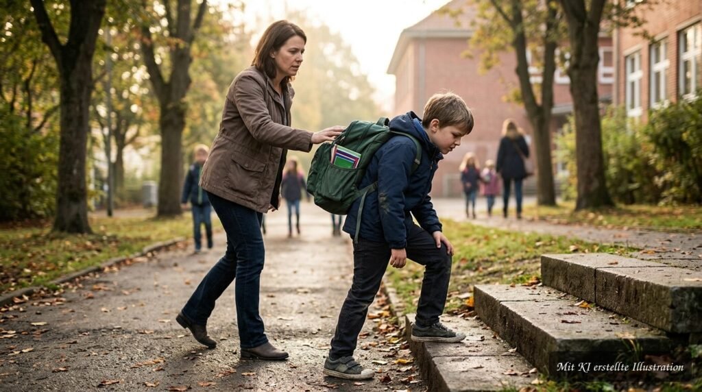 Schulkind mit schwerer Schultasche wirkt erschöpft und hat Schmerzen auf dem Schulweg.