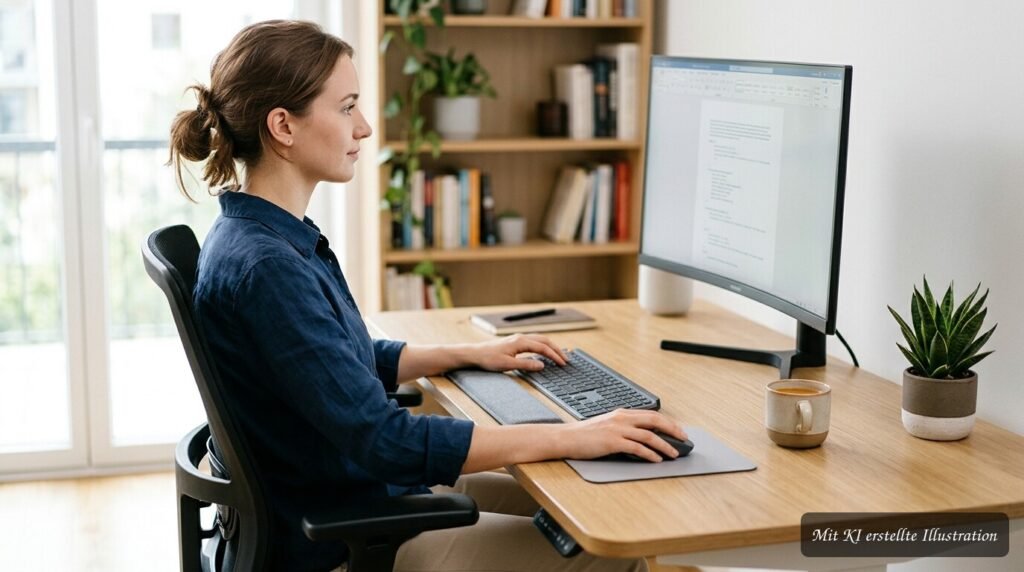 Ergonomisch ausgerichtete Tastatur und Maus auf passender Höhe zur Entlastung der Handgelenke