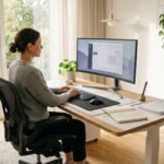 Schreibtisch mit Laptop, Unterlagen und ausreichend Platz in einem hellen Arbeitszimmer
