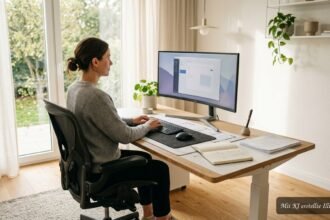 Schreibtisch mit Laptop, Unterlagen und ausreichend Platz in einem hellen Arbeitszimmer