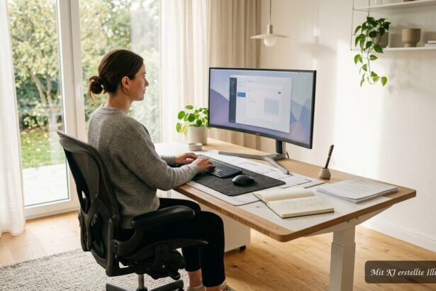 Schreibtisch mit Laptop, Unterlagen und ausreichend Platz in einem hellen Arbeitszimmer