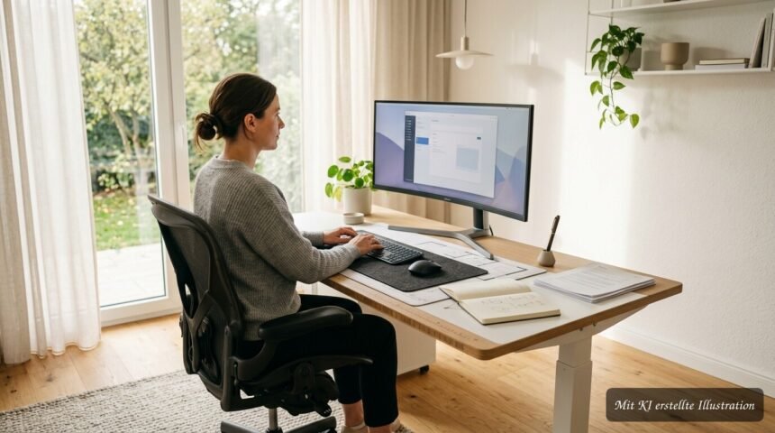 Schreibtisch mit Laptop, Unterlagen und ausreichend Platz in einem hellen Arbeitszimmer