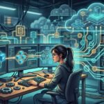 Entwickler plant Infrastruktur mit Docker-Containern und Automatisierungswerkzeugen auf mehreren Servern