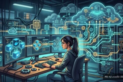 Entwickler plant Infrastruktur mit Docker-Containern und Automatisierungswerkzeugen auf mehreren Servern