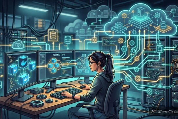 Entwickler plant Infrastruktur mit Docker-Containern und Automatisierungswerkzeugen auf mehreren Servern