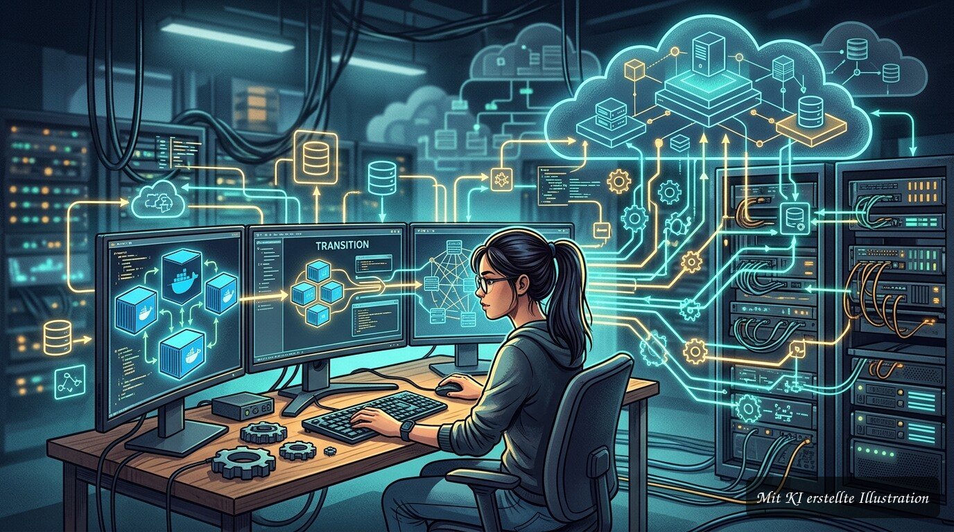 Entwickler plant Infrastruktur mit Docker-Containern und Automatisierungswerkzeugen auf mehreren Servern